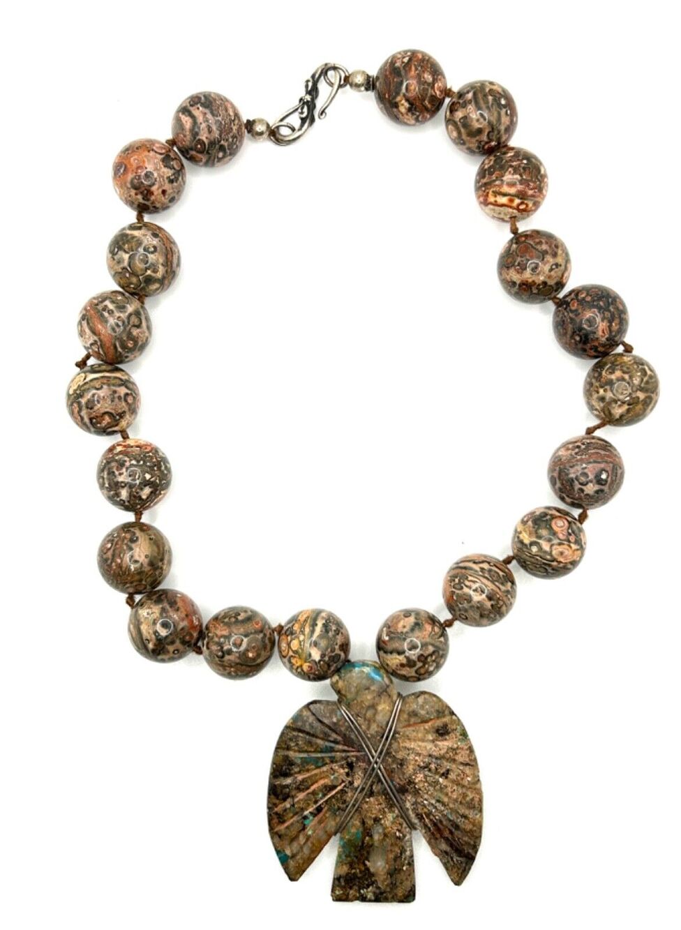 Vintage Artisan Leopard Skin Jasper Southwestern Hand-Carved Statement Necklace